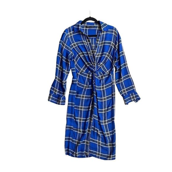 Zara Woman plaid blue long sleeved twist button front fall dress xs small - Picture 1 of 9